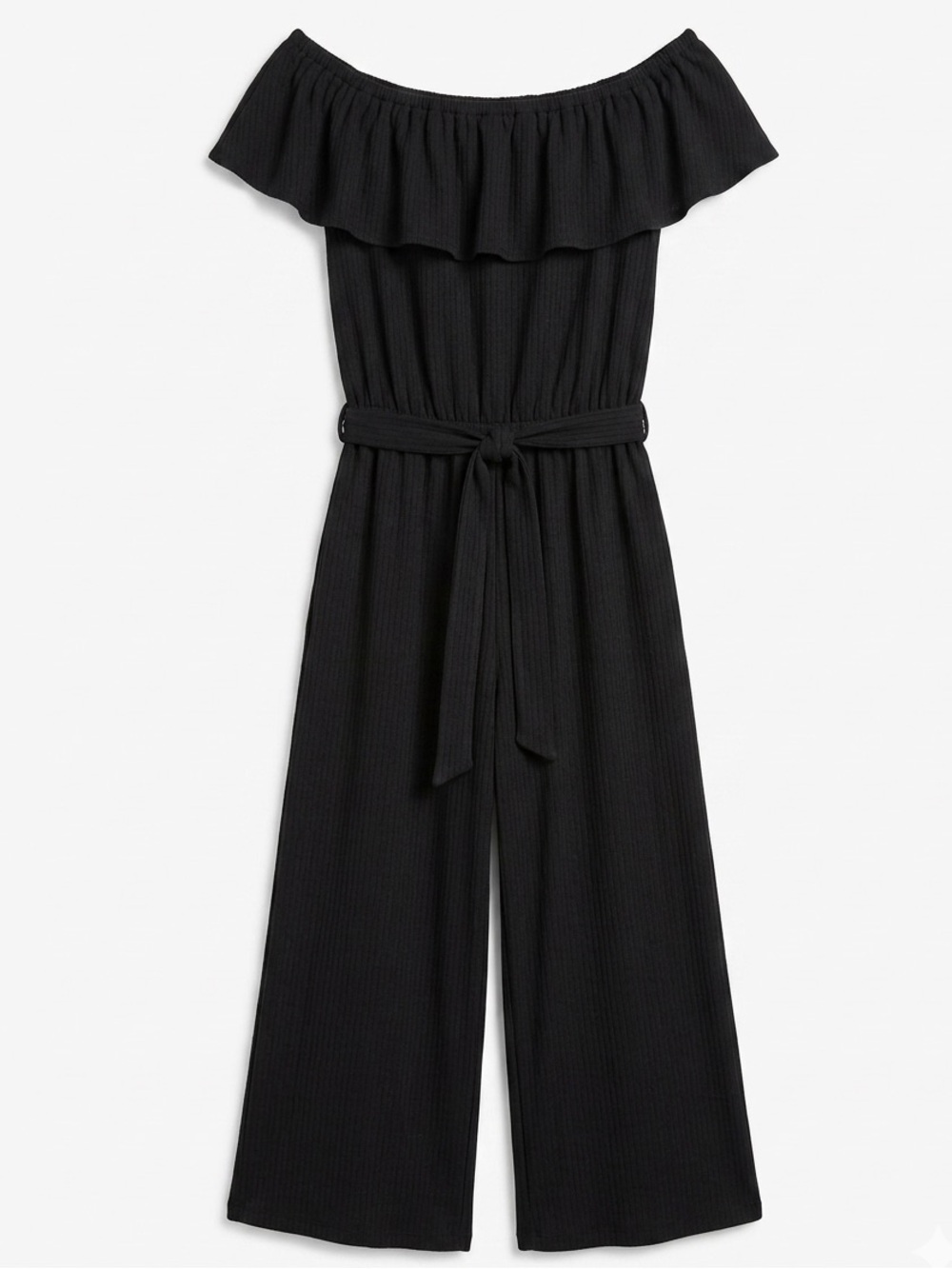 Whimsigoth Black Ribbed Jumpsuit Off Shoulder Ruffle Wide Leg Belted Romper XL - Picture 2 of 4